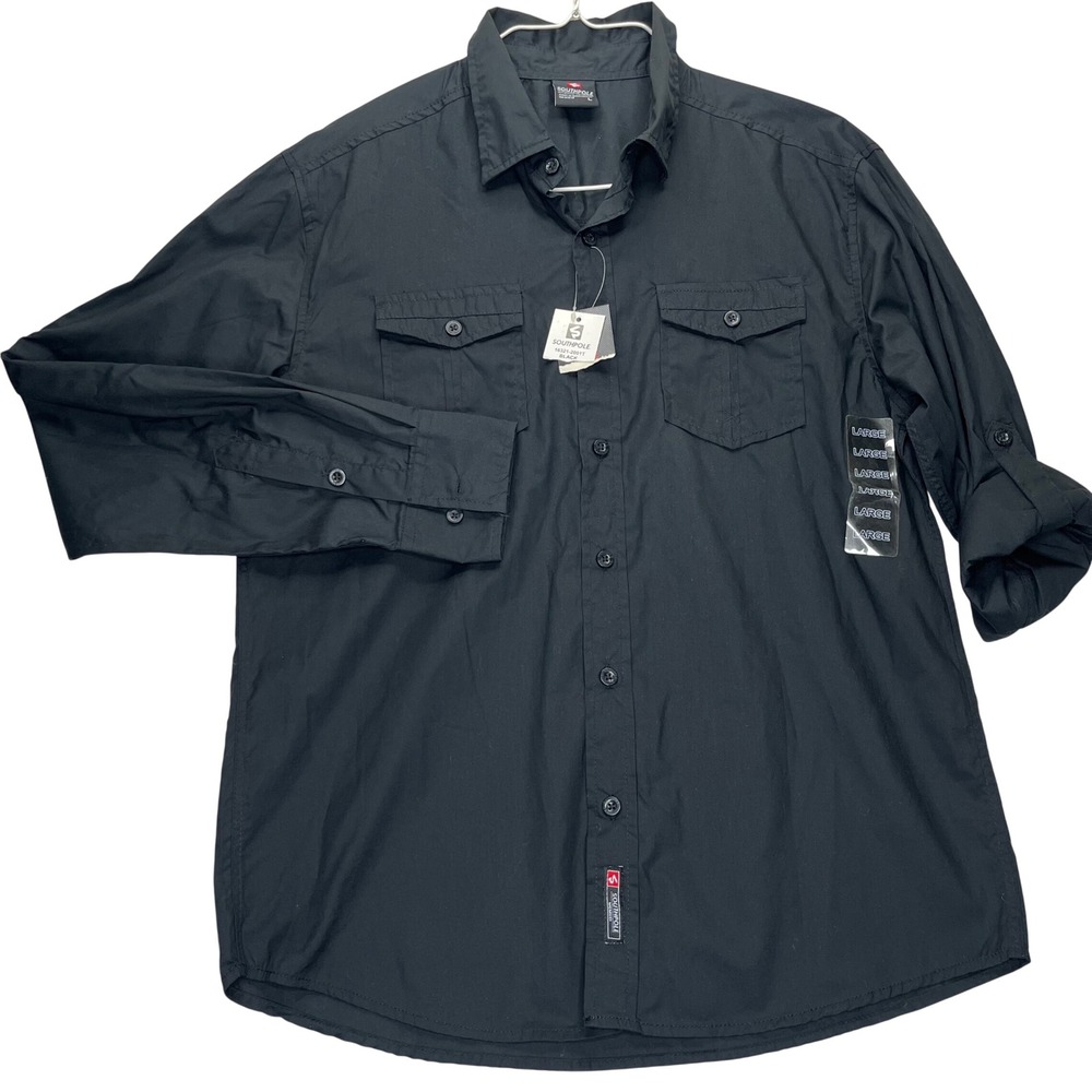 Southpole Shirt Mens Large Black Cotton Blend LongSleeve Button Up UtilityPocket